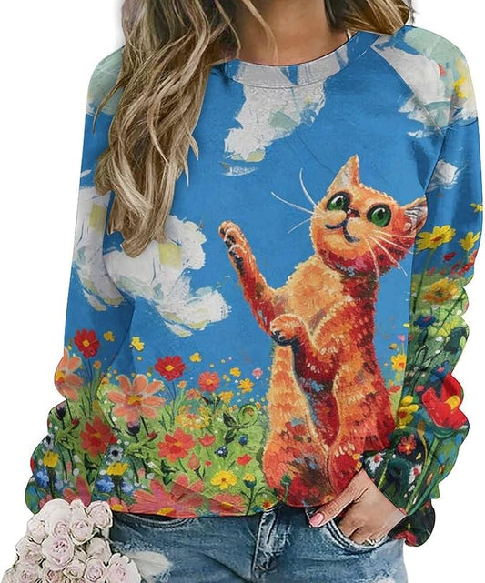 Long Sleeve Shirts for Women Cat Oil Painting Shirt 3D Graphic Sweatshirts Fall Pullover Crewneck Vintage Boho Tops