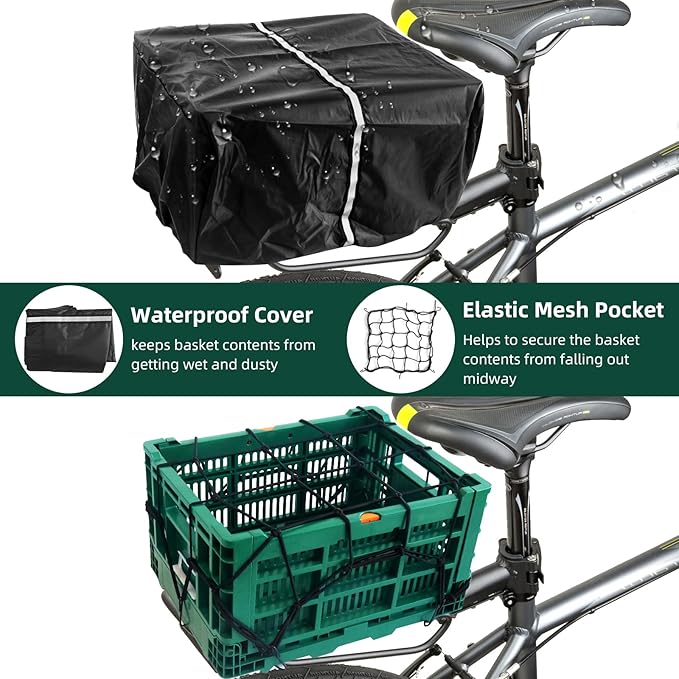 Foldable Large Green Plastic Bicycle Rear Basket with Cargo Net and Waterproof Cover Net for Shopping Outings, Pets, School, Picnics or Outdoor Activities, Easy to Install on Rack Mount