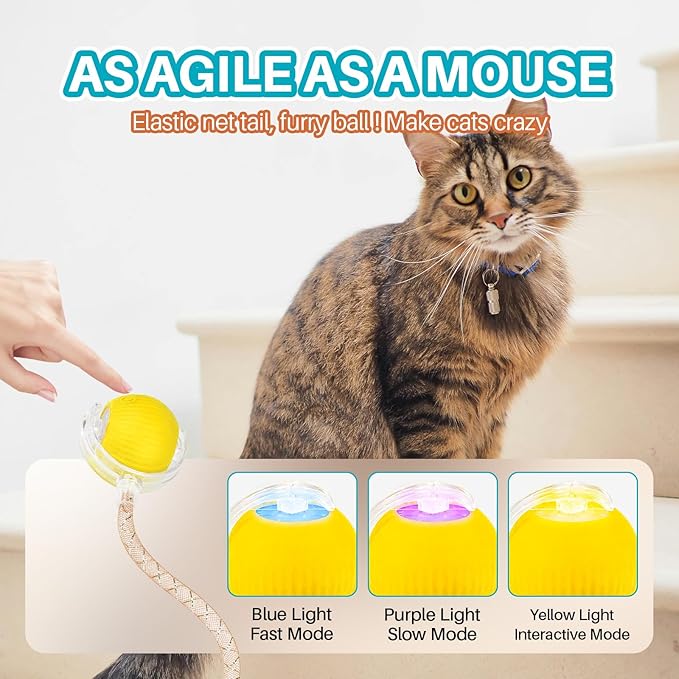 Interactive cat Toy cat Toys for Indoor Cats Agile Moving Cat Ball with Elastic Mesh Tail Automatic Kitten Toys Motion Activated Ball (Yellow)