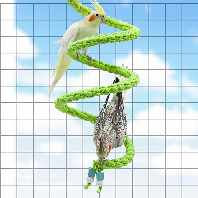 Dnoifne Spiral Rope Perch, Swing, Cage Stand Pole Accessories, Climbing Toy for Parrot Parakeet Budgies Lovebirds Cockatiels, Green
