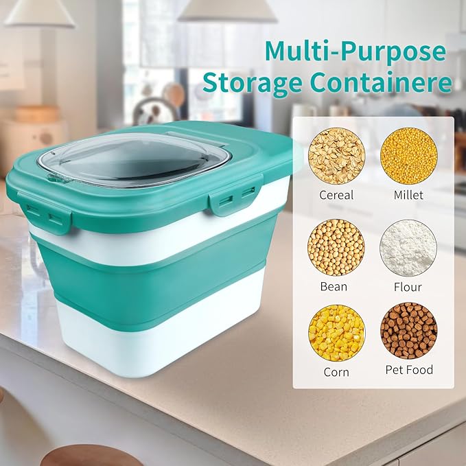 Rice Storage Container, Collapsible Airtight Food Storage Containers 6-20 Lbs, Rice Dispenser with Measuring Cup and Small Bin for Flour Cereal Pasta Grain, Cat Pet Dog Bird Food Container