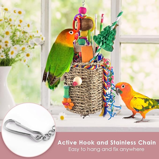 KATUMO Bird Toys, Parrot Grass Basket and Shredding Foraging for Parakeets, Cockatiels, Conures, Small and Medium Bird Cage Accessories