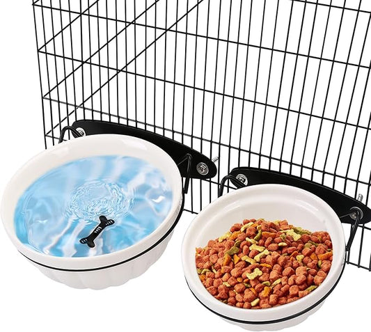 Dog Kennel Water Bowl, 2 Pack Ceramic Hanging Dog Crate Water Bowls No Spill, Removable Thick Tilted Cat Food/Water Bowls for Small Dogs, Cats, Rabbit, Guinea Pigs(5.7 * 2.4&4.7 * 2”)