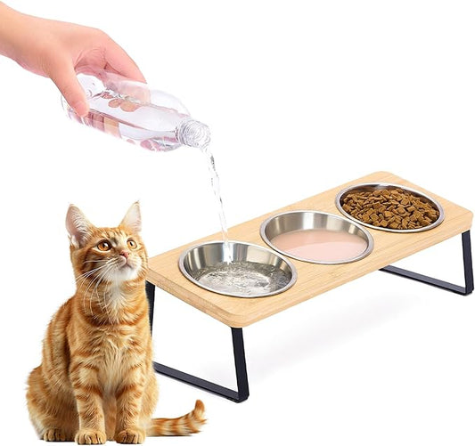Elevated Cat Bowls, 15° Tilted Raised Cat Food and Water Bowl, Anti-Vomit & Whisker-Friendly Design, 3 Stainless Steel Bowls for Cats and Small Dogs