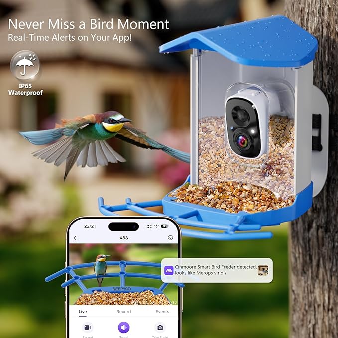 Smart Bird Feeder with Camera for Outdoors Solar Powered, 2.5K HD Video, AI Bird Species Identification, Instant Arrival Alerts, Wireless 2.4Ghz WiFi & Include 32GB SD Card, Ideal Gift (Blue)