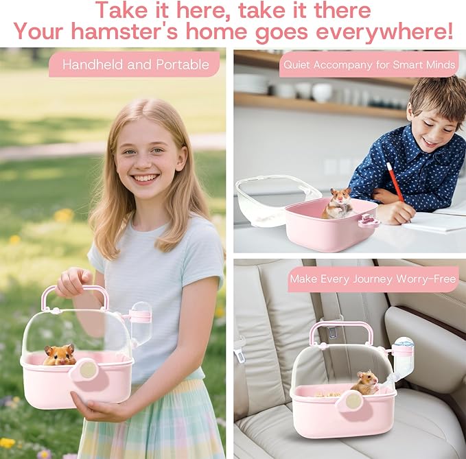 Portable Hamster Carrier Cage for Travel - Acrylic Small Animal Cage with Ventilation Holes,Escape-Proof Hamster Travel Cage for Outdoor Picnics, Vet Visits(Pink)