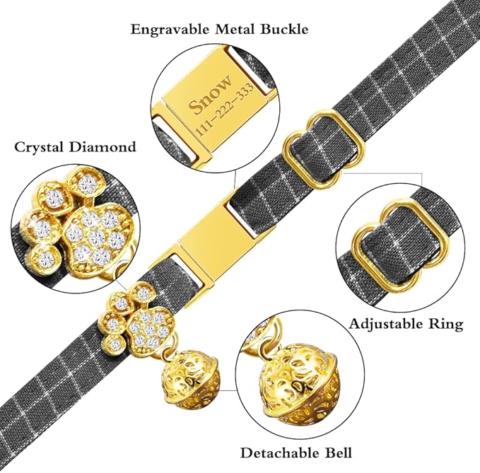 Personalized Breakaway Cat Collars - Magnetic Buckle, Bell - Safety Quick Release, Customized for Girls & Boys Cats- (Checkered-Grey)