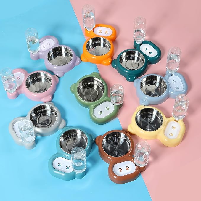 Dog Bowls, Cat Food and Water Bowl Set with Water Dispenser and Stainless Steel Bowl for Cats and Small Dogs - Green