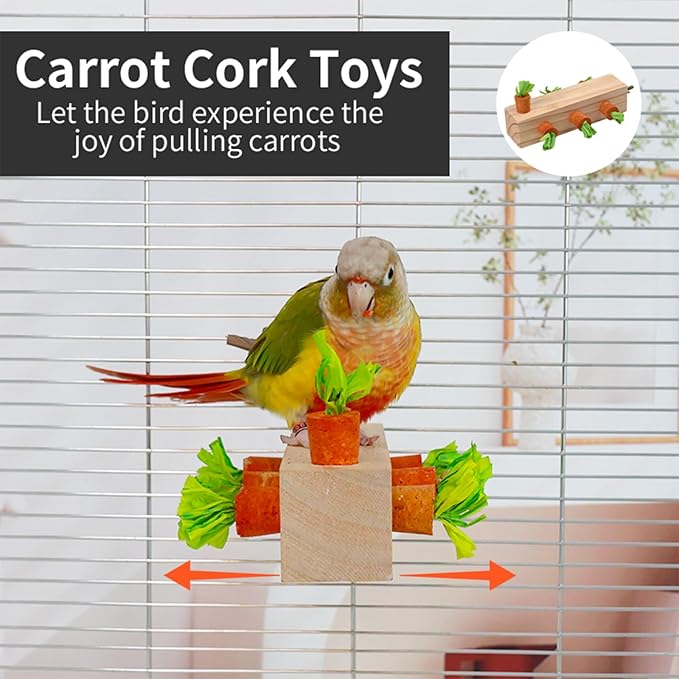 Bird Toys, Bird Chew Toy Cork Wooden Block Parrot Foraging Toys Birdcage Accessories for Conures Parakeets Cockatiels Lovebirds African Grey Macaws (Carrot Cork)