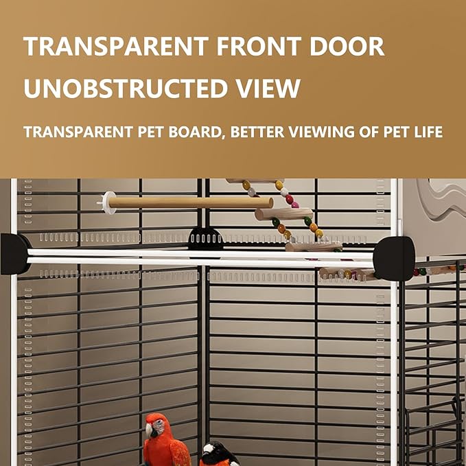 Large Parrot Cage with Acrylic Doors, 4 Casters, Perch & Feeder, Detachable Drawer, Ideal for Cockatiels, Budgies, Conures, Indoor/Outdoor Use – Spacious White Birdcage(Black,72 * 36 * 135)