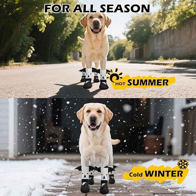 EXPAWLORER Halloween Anti Slip Dog Socks to Prevent Licking Paws, Boots & Paw Protectors with Grippers,Doggie Booties for Hardwood Floors for Small Medium Large Senior Dogs Costume White Ghost Wings S