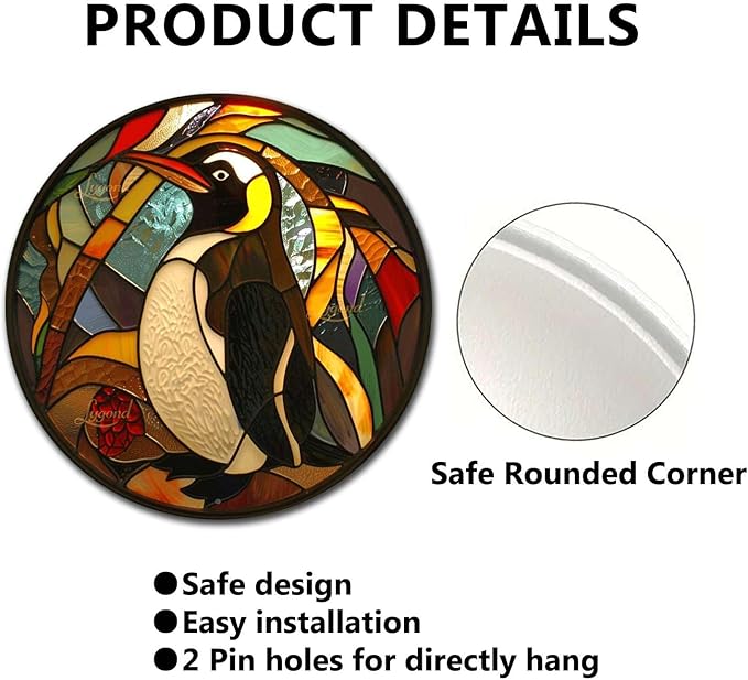 Lygond Metal Penguin Sign - Circular Stained Glass Design, 88 Inches