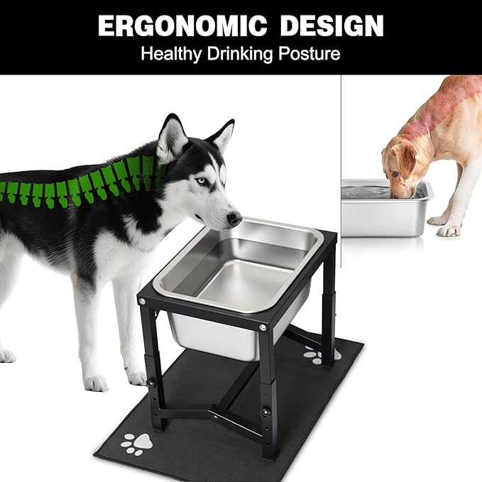 2.8 Gallon Elevated Large Dog Water Bowl, 4 Adjustable Height 10.5-15.8'' Raised Stainless Steel Bowl Stand with Anti-Slip Mat for Large Breed, Metal Dog Feeding Station for Relief Joint Pressure