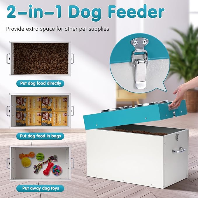 Large Elevated Dog Bowls with Storage,15" H Raised Bowl for Dogs 2-in-1 Airtight Pet Food Storage Holds Up to 45 Lbs2 Removable Stainless Steel Bowls for Medium & Large Dogs