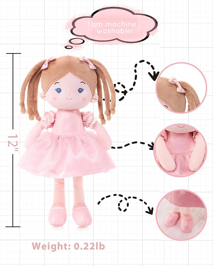 Soft Baby Doll Toys (12''), My First Baby Rag Doll for 1 Year-Old Girl Birthday Gift, Christmas Plush Toys Gift for Toddler Kids Infants-Halloween Special-Princess Coral-Light-Pink