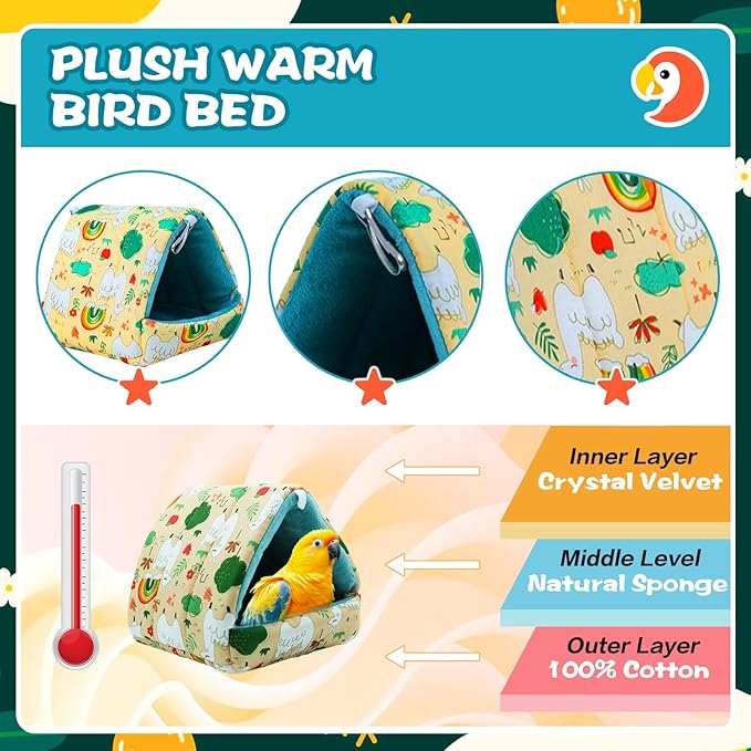 SUSOO Plush Warm Bird Nest House - Hanging Snuggle Bed Velvet Shed Hut Cage Fluffy Hideaway Winter Sleeping Hammock for Parrot Parakeet Conure Cockatiel Budgies Lovebird (Green, M)