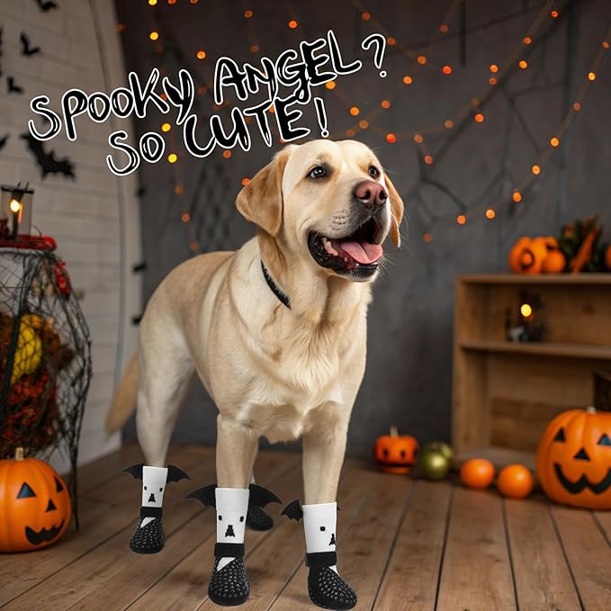 EXPAWLORER Halloween Anti Slip Dog Socks to Prevent Licking Paws, Boots & Paw Protectors with Grippers,Doggie Booties for Hardwood Floors for Small Medium Large Senior Dogs Costume White Ghost Wings S
