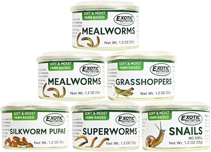 Canned Insect Assortment 6 Pack - Healthy High Protein Treat - For Hedgehogs, Sugar Gliders, Reptiles, Chickens, Lizards, Bearded Dragons, Turtles, Fish, Birds, Opossums, Skunks and other Insectivores