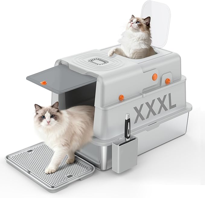 Soulbond XXXL Stainless Steel Litter Box with Lid, Large Covered Metal Cat Litter Box Enclosed for Large and Multi-Cat Families, Easy to Clean