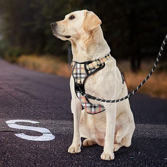 IVY&LANE No Pull Dog Harness with Leash Set, Reflective No Choke Pet Vest,Adjustable Oxford Dog Vest Harness with Easy Control Handle for Large Dogs (Checkered Beige,L)