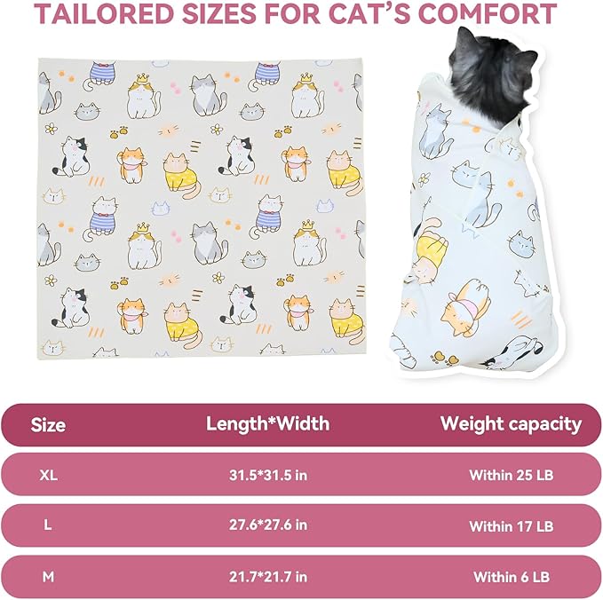 Cat Grooming Wrap for Cutting Nails, 27.6" Anti-Escape Calming Cat Swaddle Wrap for Medicine, Nail Clipping, Teeth Brushing, Ear Cleaning, Self-Adherent Burrito Restraint, (CatLand, L)
