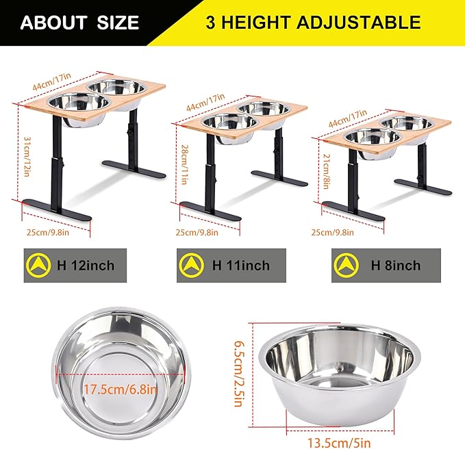 Elevated Dog Bowls,Cats and Dogs Raised Food Feeding Dishes with 2 Stainless Steel Bowls,3 Height Adjustable,Protects Spine,Prevent Vomiting,Anti-Mold Bamboo Stand Feeder Station