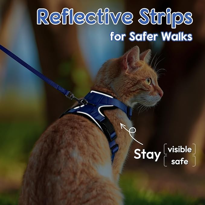 Dooradar Cat Harness and Leash Set, Escape Proof Safe Adjustable Kitten Vest Harnesses for Walking, Easy Control Soft Breathable Mesh Jacket with Reflective Strips for Cats, Blue, S