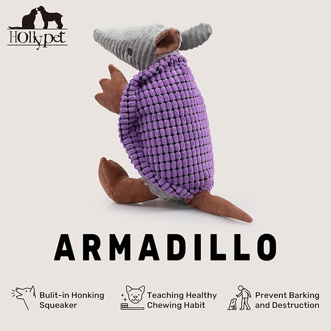 Hollypet Plush Dog Squeaky Toy Stuffed Armadillo Animal Pet Puppy Chew Toys with Clean Teeth for Small Medium Large All Breed Sizes Dogs, Purple, 14 in