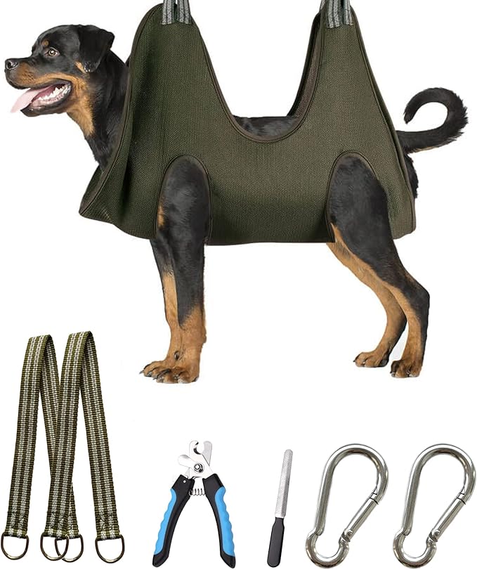 10 in 1 Dog Grooming Hammock Harness with Nail Clippers/Trimmer, Nail Hammock for Trimming, Grooming Sling Hange Holder for Extra Large Dogs (XXL/Under 120lb, Khaki Green)