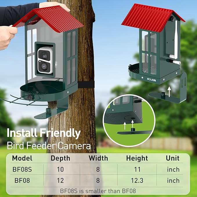 SOLIOM Solar Bird Feeder with Camera for Outdoors - Durable Metal AI Smart Birdhouse, 2K Live View & Instant Alerts, Squirrel Proof - Ideal Bird Watching Gift (Red)