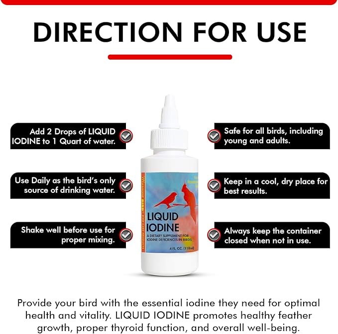 Morning Bird Liquid Iodine for Birds 4 fl. oz – Iodine Drops for Feather Growth, Support Molting, Energy & Thyroid – Easy-to-Use Mineral Supplement Formula for All Bird Types