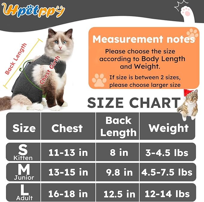 Cat Recovery Suit After Surgery, Breathable Cat Surgery Recovery Suit for Spay Abdominal Wounds or Skin Diseases, E-Collar Alternative Wear for Small Male Female Pets (Dark Grey, L)