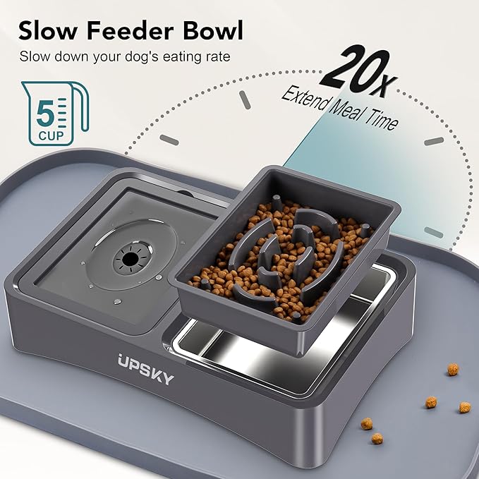 UPSKY 3-in-1 Elevated Dog Bowls with Mat, Large 24 x 16 Inches, 4 Height Adjustable Stand with Slow Feeder, Stainless Steel Bowl for Small to Medium Dogs, Grey