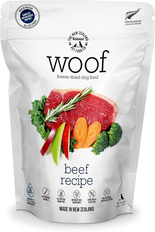 The New Zealand Natural Pet Food Co WOOF Freeze Dried Dog Food - Beef Recipe, High Protein, Use as a Complete Diet, Dog Food Topper, Mixer, or as Dog Treats, All Life Stages, 9.9 oz