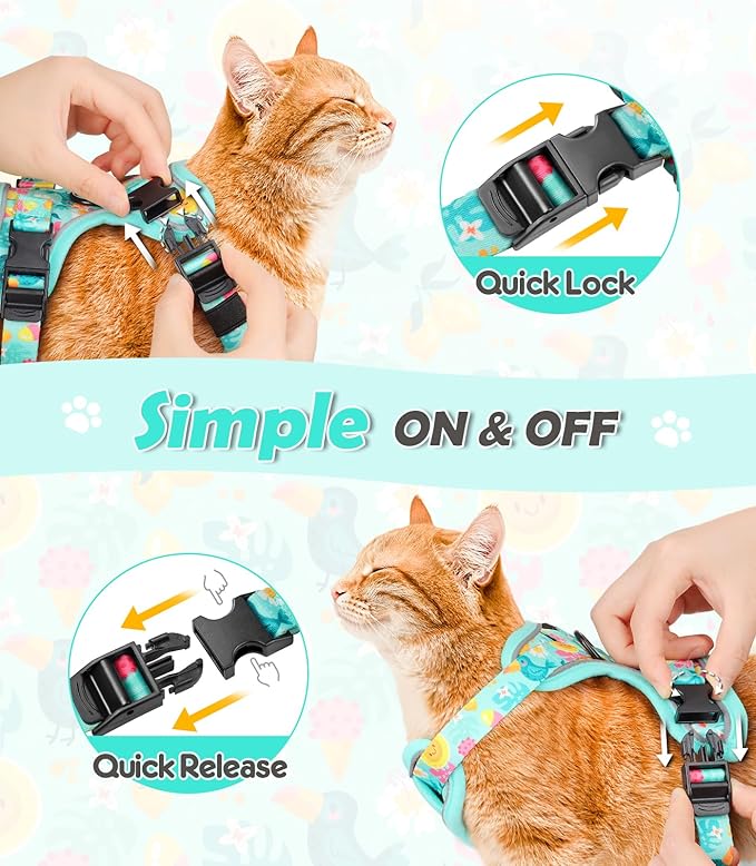 Halypet Cat Harness and Leash Set[MAX Safety 4th-Gen] Cute Escape Proof Vest Harness for Girl&Boy Cat Walking, Comfortable Adjustable Leash and Reflective Strips for Outdoor Kitten, M Green Tropics