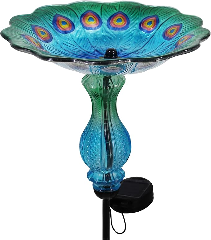 John's Studio Peacock Bird Bath for Outdoor - Glass Bowl Solar Light Cage Outside Dish Bird Feeder with Metal Stake for Garden, Yard and Patio - 32 inches