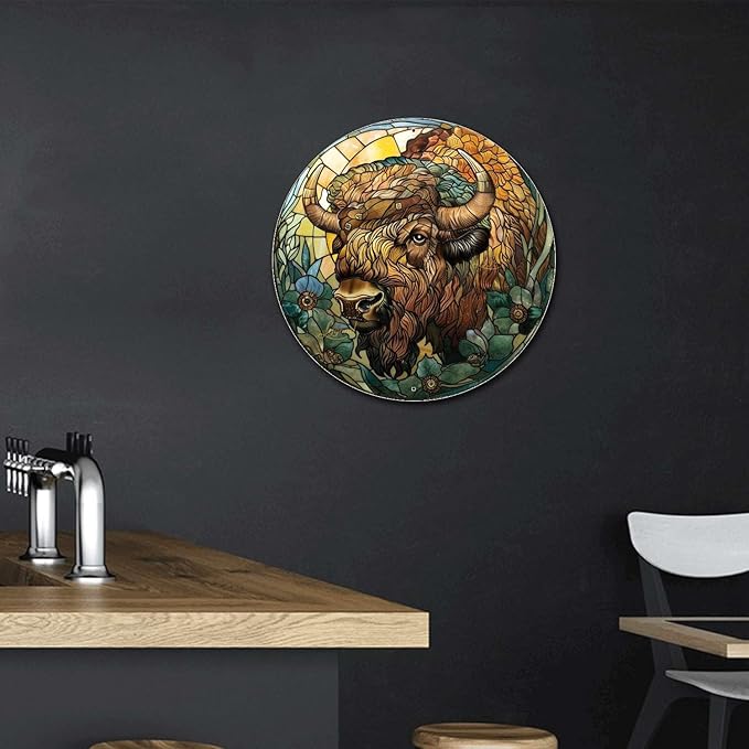 Lygond Aluminum Circular Metal Sign American Bison 12x12 Inches Rustic Modern Style for Office, Garage, Lawn, Parking, Bedroom, Entrance