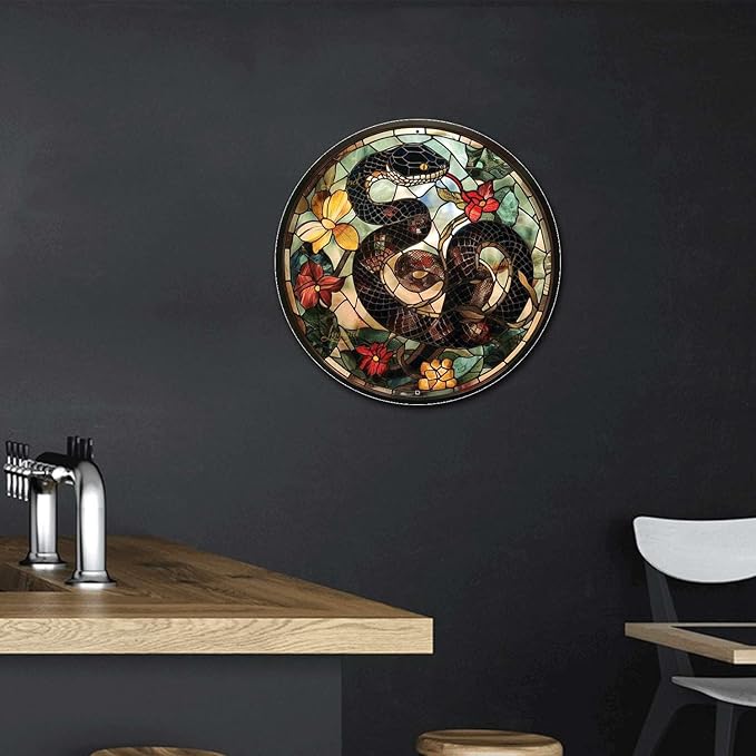 Lygond Metal Tin Sign - Circular Stained Glass Snake Vintage Sign for Garden - 8x8 Inches