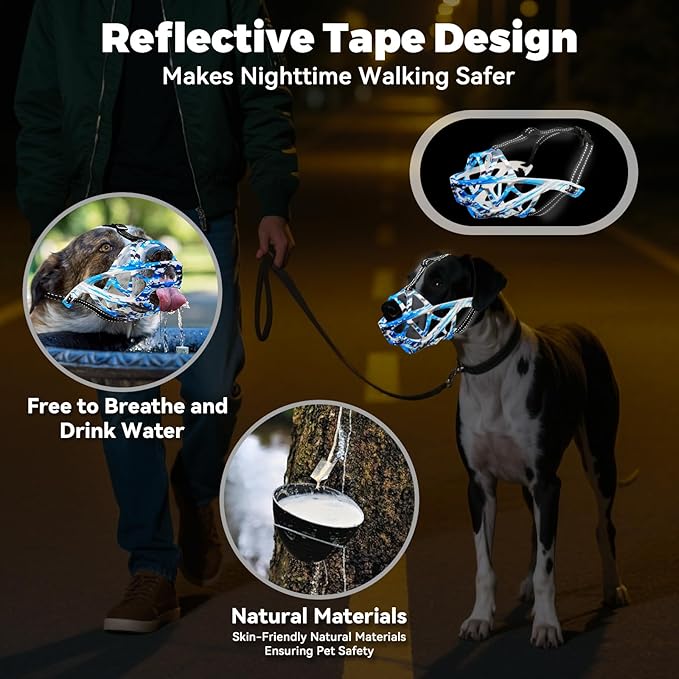 Dog Muzzle for Large Dogs, Medium and X-Large Aggressive Dog, Breathable Basket Muzzles, Suitable for Grooming Trimming Training, Allows Panting Drinking (Camouflage Blue, S)