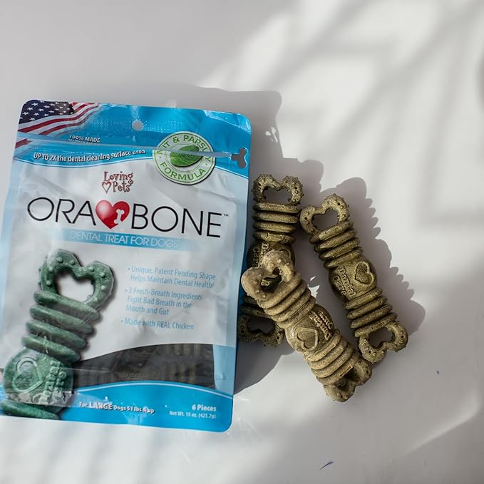 Loving Pets Ora-Bone™ Dental Chews for Dogs – USA Made Dog Dental Sticks with Parsley & Mint – Patented Shape to Reduce Plaque, Tartar, Massage Gums & Freshen Breath (Large Dogs 15 oz.)