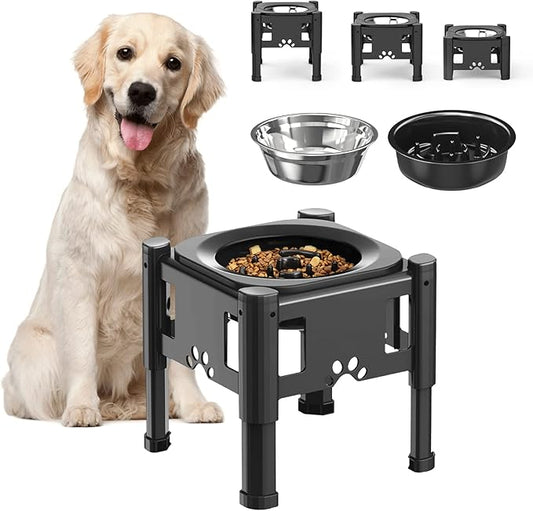 Lewondr Elevated Slow Feeder Dog Bowls, Raised Dog Food Bowls with 3 Heights (6.1", 7.7", 9.3") Adjustable Slow Feeder Bowl Non-Slip Bowl Stand for Medium Large Breed, Dishwasher Safe