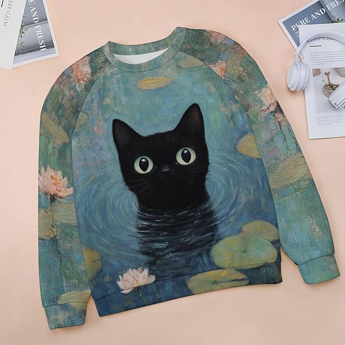 Long Sleeve Shirts for Women Cat Oil Painting Shirt 3D Graphic Sweatshirts Fall Pullover Crewneck Vintage Boho Tops