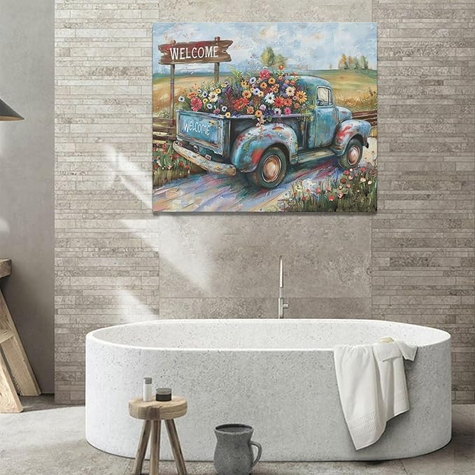 Farmhouse Truck Wall Art Rustic Country Wildflowers Wall Decor Road Flowers Landscape Pictures Canvas Print Painting Artwork for Bathroom Living Room Bedroom 20"x24"