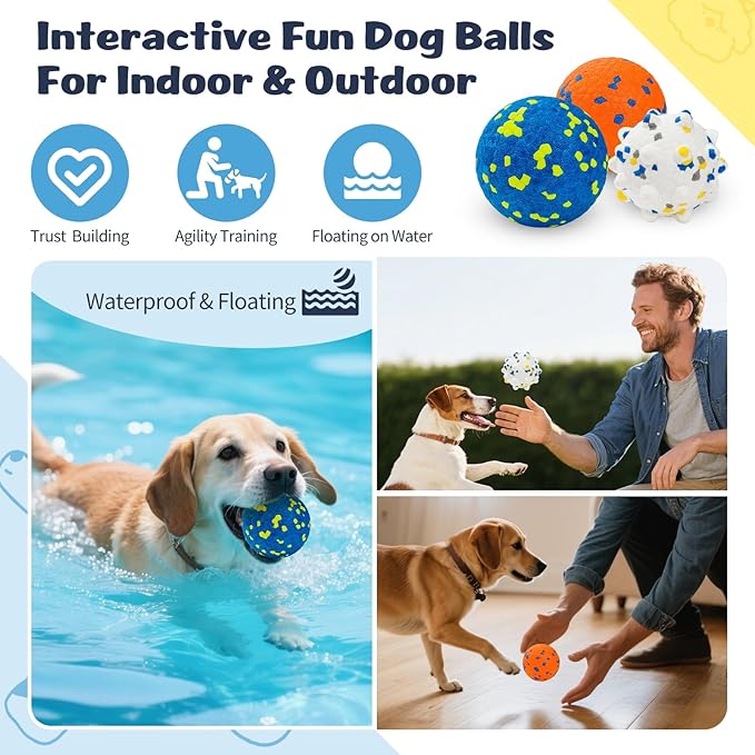 HIPPIH Dog Balls Interactive Tennis Balls for Dogs, Dog Toys for Aggressive Chewers, Tough Puppy Chew Toys for Teething, 3" Fetch Ball Water Toy for Small/Medium Breed, High Bouncy & Floating, 3 Pack