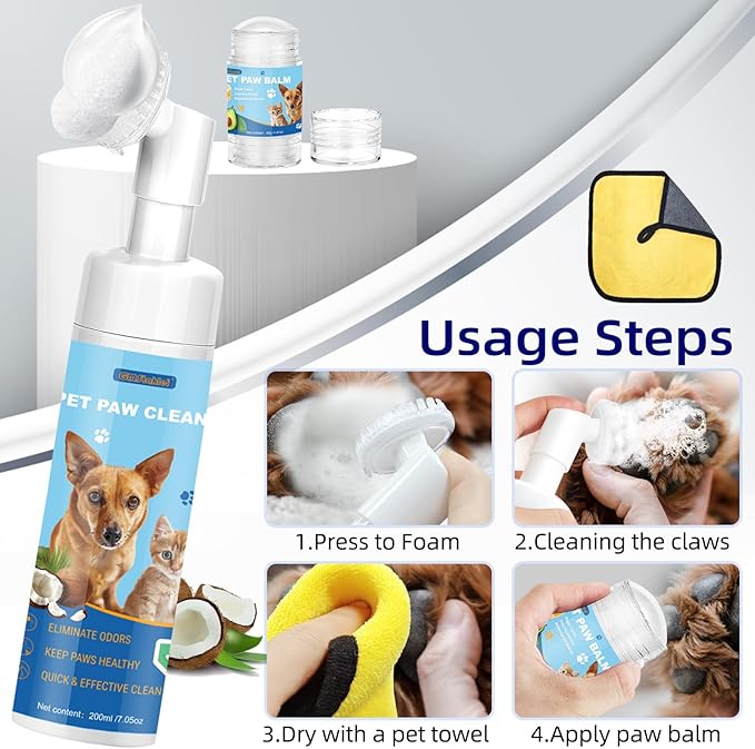 Dog Paw Care Kit,No-Rinse Paw Cleaner for Dogs & Cats,Dog Paw Balm for Heals -Repairs Dry Cracked Paws & Nose with 1 Pet Cleaning Towels,Natural Dog Paw Protector for Pet Foot Washer Care