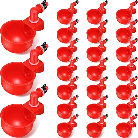 Patelai Chicken Water Cups, Chicken Waterer Cups Summer Water Feeder Cup 3/8 Inch Thread Automatic Filling Waterer Poultry Drinking Bowl for Duck Turkey Bunny(Red,24 Pieces)