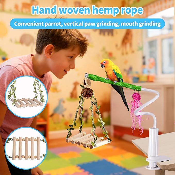 Bird Toys,Free Bending Bird Perch Stand with Climbing Ladder, Desktop Stand for Interacting, Parakeet Playground Play Stand for Lovebirds Conure,Mount for Budgie, Cockatiel, Conure