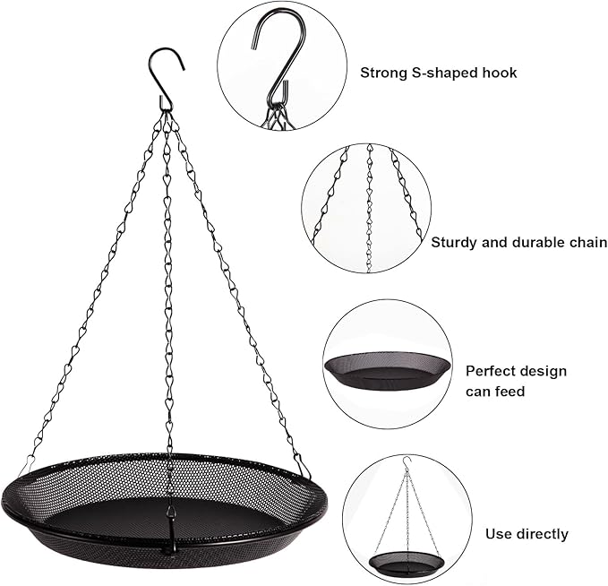 Hanging Bird Feeder Bowl with 16.3 inch Iron Hanging Chain Detachable Outdoor Decor for Garden Backyard Patio and Deck - Perfect for Attracting Birds