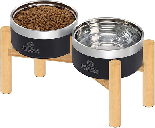 UPSKY Elevated Dog Bowls – 27oz Stainless Steel Anti-Spill Set with Wooden Stand, Double Raised Bowls for Small/Medium Dogs to Reduce Neck Strain & Improve Digestion