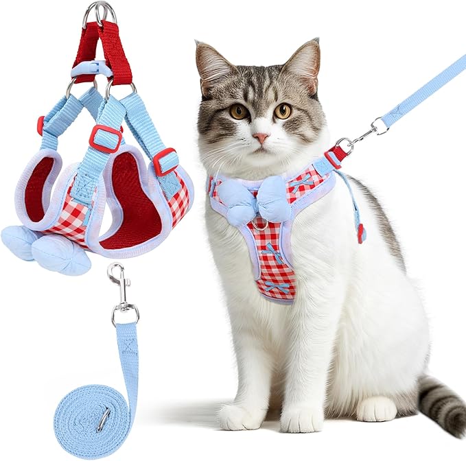 Cat Vest Harness and Leash Set for Walking Escape Proof, Adjustable Kitten Harness and Leash Set Breathable Mesh with Bow Harness for Kitty Puppy Bunny(Red Medium)